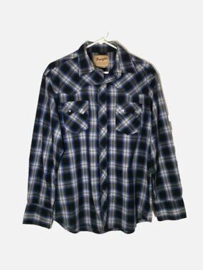 Men's XL Wrangler Button Up Long Sleeve Shirt Plaid Pearl Snap Blue